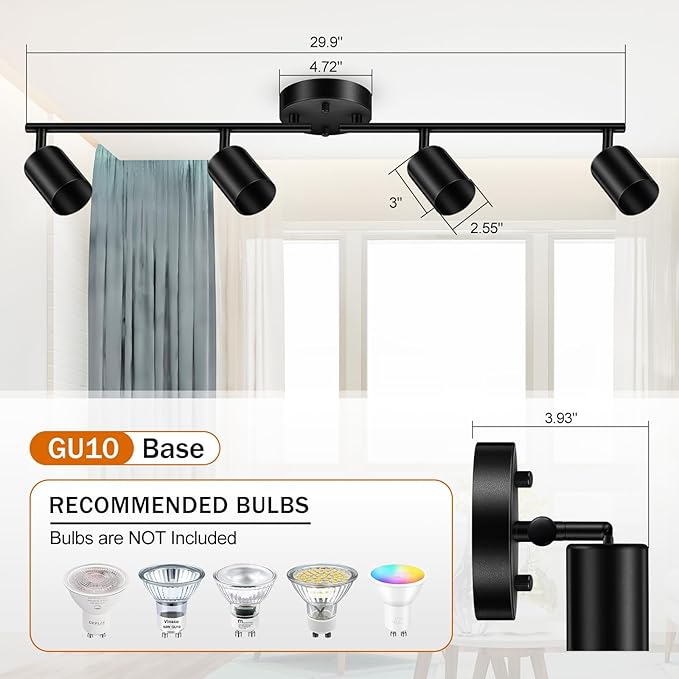 Track Lighting Fixtures Ceiling Black, Kitchen Lighting Fixture, 30" 4-Light Track Light Kit, LED Wall Spotlights with Rotatable Heads, Ceiling Lights for Sink Bathroom(GU10 Socket, No Bulb)