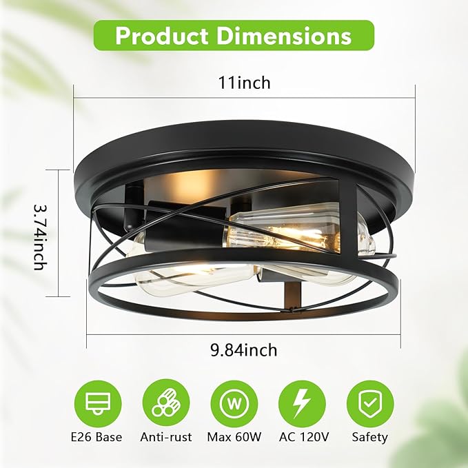 2 Pack Farmhouse Ceiling Light - Dimmable Rustic Black Flush Mount E26(not incude Bulb) Industrial Ceiling Modern Led Light for Hallway Bathroom Kitchen Bedroom (Black, 10 Inch)