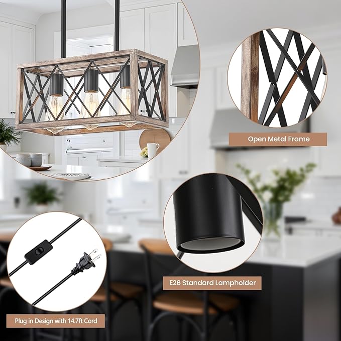Plug in Pendant Light，3-Light Dining Room Light Fixture Over Table,Plug in Chandelier for Kitchen Sink，Farmhouse Metal Kitchen Pendant Lighting Over Island, Wood Grain Finish.