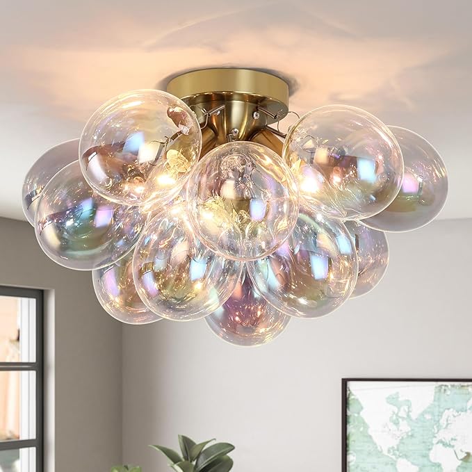 GoYeel Semi Flush Mount Ceiling Light Gold, Colorful Bubble Light Fixture Kitchen 17.7in Mid Century Modern Chandelier Small Glass with 13 Globe for Kid Room Girls Room Foyer Living Room