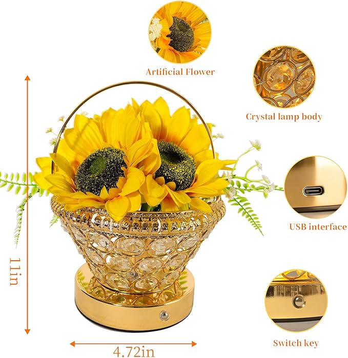Pearl Sunflower Lamp – Cordless USB-Rechargeable LED Night Light with 3-Color Touch Control, 3D-Printed Flower Table Lamp, Bedroom Reading Light, Dimmable Centerpiece, Birthday Gift for Women