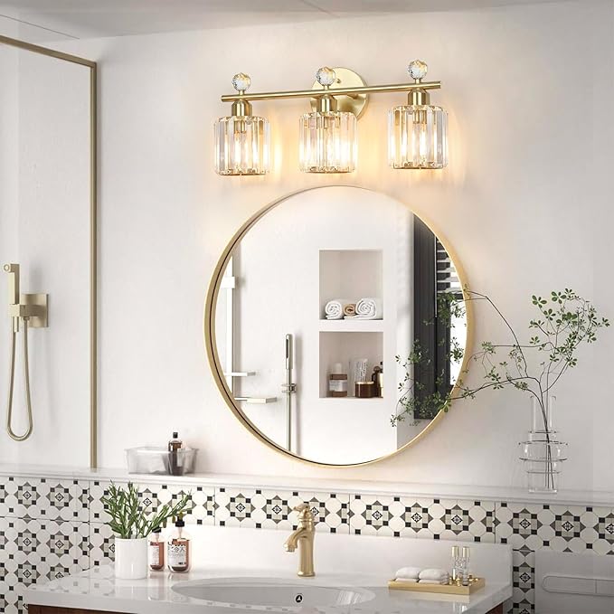 3-Light Gold Bathroom Light Fixtures Modern K9 Crystal Vanity Lights Wall Sconce with Stainless Steel Base, Elegant Bathroom & Bedroom Lighting, Secure Packaging