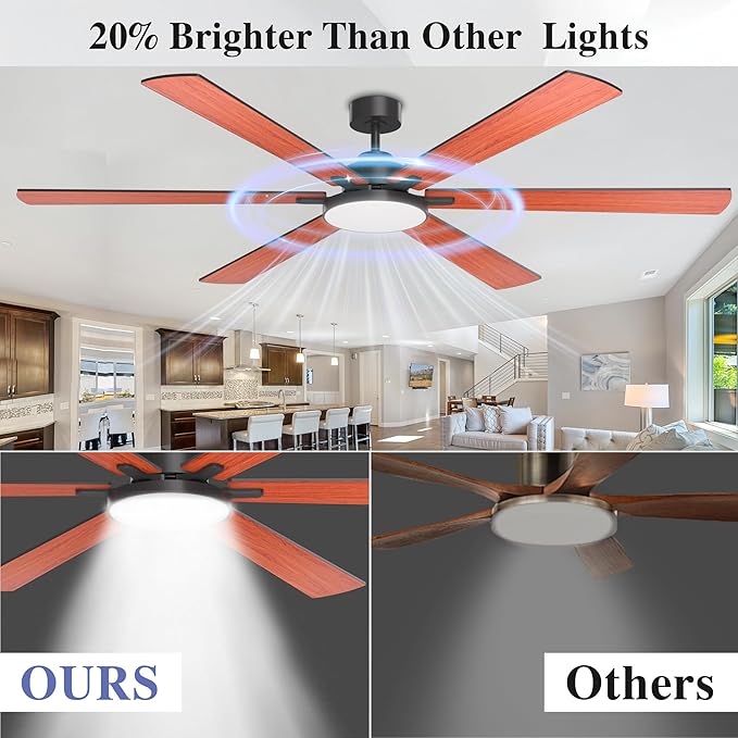 80 inch Ceiling Fans with Lights and Remote Control,Indoor/Outdoor Flush Mount Low Profile Commercial Reversible Dimmable Wood Grain Ceiling Fans for Living Room Patio Industrial Shop.