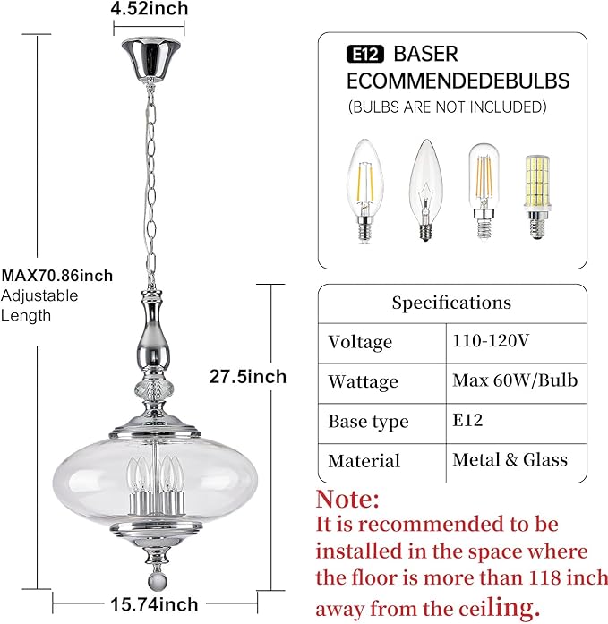 5 Light Chrome Chandelier Modern Glass Large Pendant Light H 27.5" x W 15.7" for Kitchen Island, Dining Room.E12 Bulb