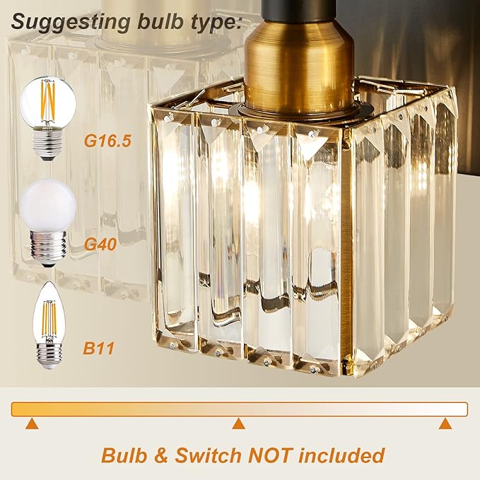 Modern Crystal Bathroom Vanity Light 3-Light Brass Wall Light Fixtures Over Mirror Black and Gold Vanity Lighting for Bathroom Square Shade Brass Wall Sconce