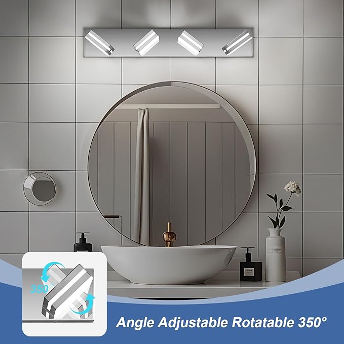 Modern LED Bathroom Lights Fixtures 4-Light,Stainless Steel Chrome Acrylic Wall Lighting,Vanity Lights for Bathroom Over Mirror 6000k 27in