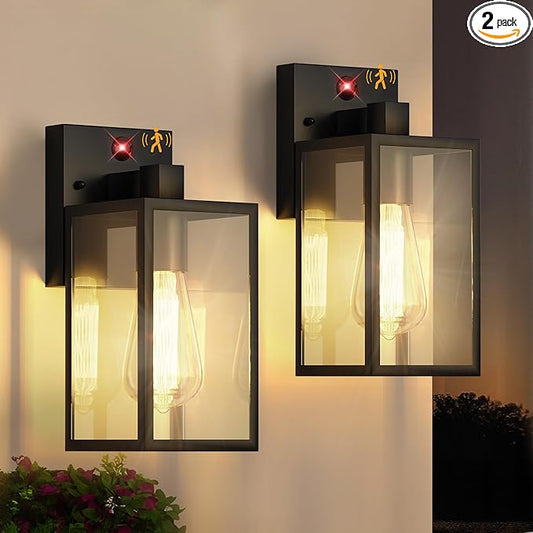 Motion Sensor Outdoor Wall Lights, Dusk to Dawn Outdoor Porch Lights For House, 2 Pack Exterior Lighting Fixtures with E26 Sockets, Black Wall Mounted Waterproof Outside Lanterns For Garage Entryway