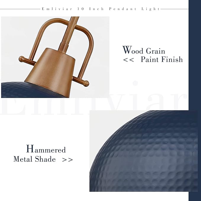 Emliviar Dome Pendant Light, Wood Adjustable Hanging Lamp with Hammered Metal Shade, Blue Finish, GE269MIL BL+WD