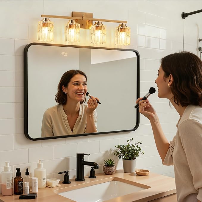TALOYA 27 Inch Bathroom Light Fixtures,Modern 4-Light Brushed Gold Vanity Lights with Wide Vertical Ribbed Thickened Glass Shade Wall Sconces for Mirror Makeup Room Hallway（Bulbs Not Included）