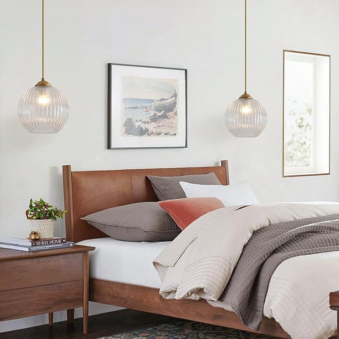 Modern 1 Light Clear Glass Pendant Lights Kitchen Island Large Brushed Gold Pendant Light Vintage Adjustable Height Hanging Globe Ceiling Light Fixture for Dining Room Bedroom Hallway MPL30-B