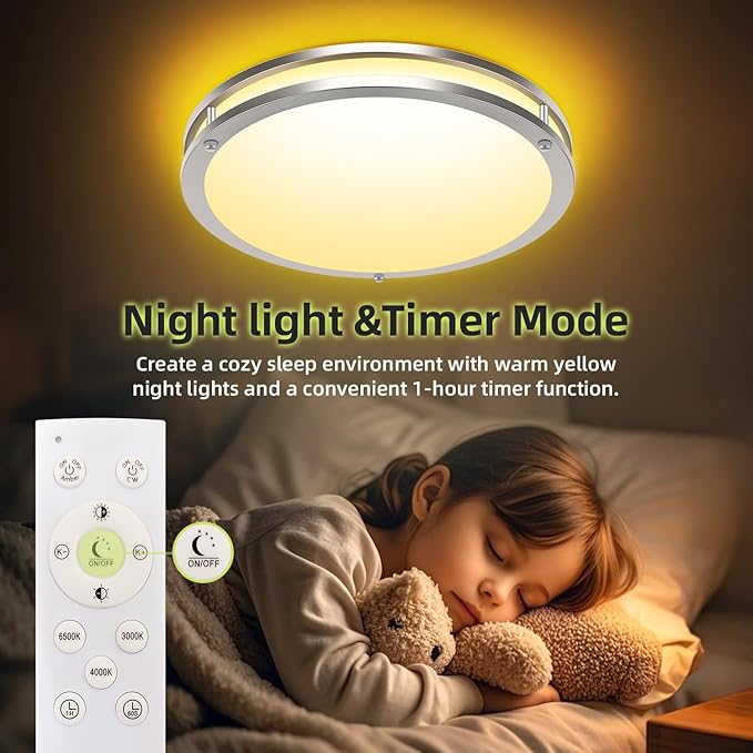 hepside Flush Mount LED Ceiling Light with Remote, Dimmable& 3000K-6500K Adjustable Ceiling Light Fixture, Timer, Night light, 13 inch Brushed Nickel Ceiling Lamps for Kitchen Bathroom Bedroom Hallway