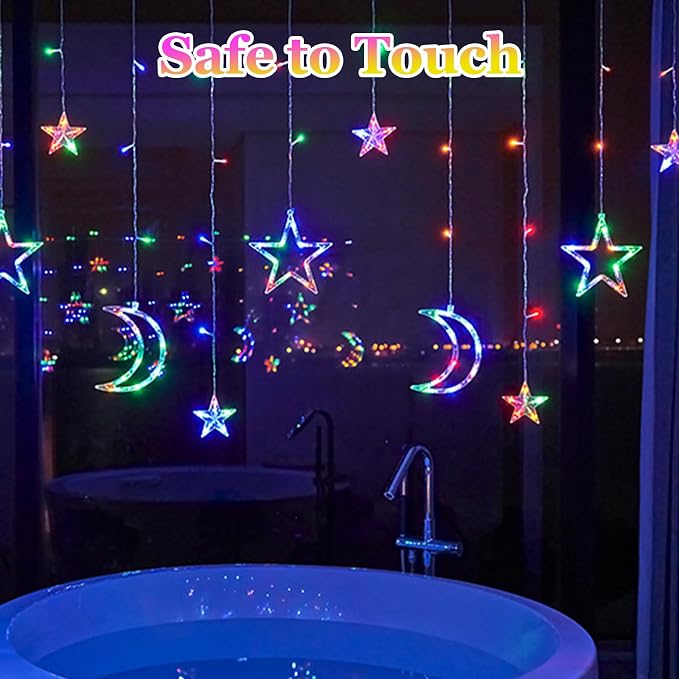 Lemical Star Moon Curtain Lights 11.5ft Battery Powered Remote Control LED Fairy Light Strings,8 Flashing Modes Waterproof Decorative Lights for Christmas, Party, Bedroom Decorations(Multicolored)