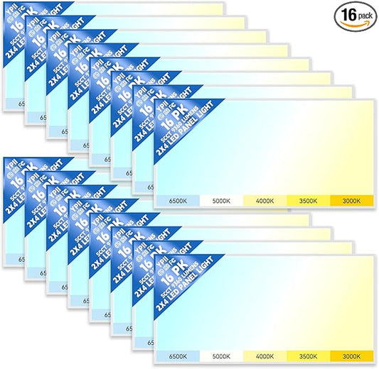 16Pack 2x4 LED Flat Panel Light LED Drop Ceiling Light Fixture, 5 CCT 3000K-6500K Adjustable & 5 Wattage Selectable Recessed Back-Lit Fixture for Office, ETL Listed