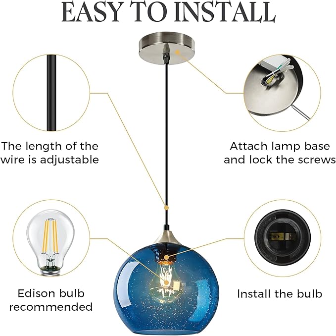 7.1in Medium Blue Glass Pendant Light for Kitchen Island, 3-Pack with Extra LED Bulbs & 4.92ft Adjustable Cord | Modern Minimalist Lighting for Dining Room, Living Room, Entryway