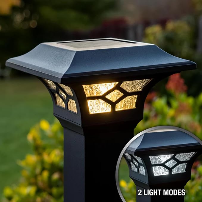 Classy Caps Kingston Solar Post Cap (Set of 6) - Fits 2"x2", 2.5"x2.5" and 3"x3" Fence & Deck Posts - Black Cast Aluminum - Warm/Cool Light Color Modes - Heavy-Duty, Real Glass - Mod. SLZ332B