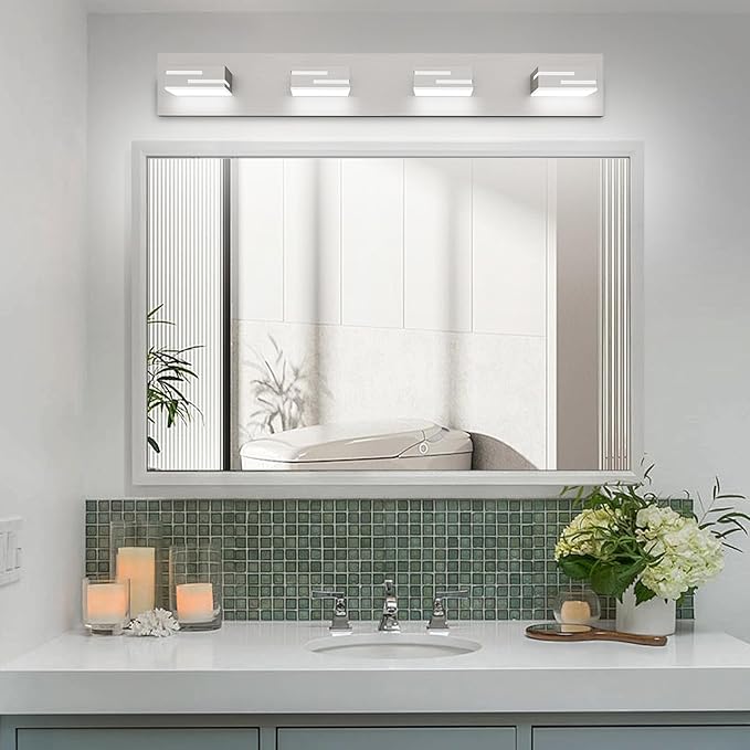 LED Modern Bathroom Vanity Light Fixtures, 4-Light 28-inch Dimmable Brushed Nickel Vanity Lights for Bathroom Lighting Fixtures Over Mirror, with 360° Rotatable Acrylic Heads (Cool White 6000K)