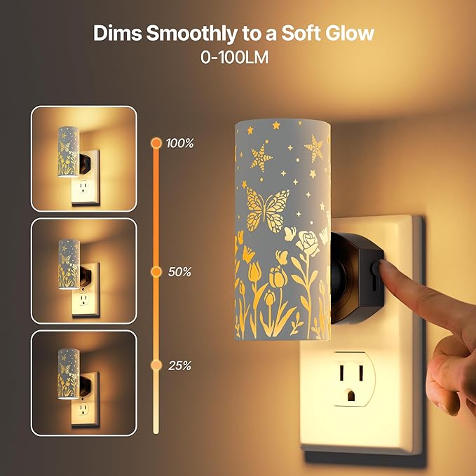 LED Night Lights Plug into Wall, 2-Pack 3000K Bright Plug in Nightlights, Dusk-to-Dawn, Dimmable 0-100LM, Auto-On/Off, Home Decor for Bedroom, Bathroom, Hallway, Kitchen, White Butterfly