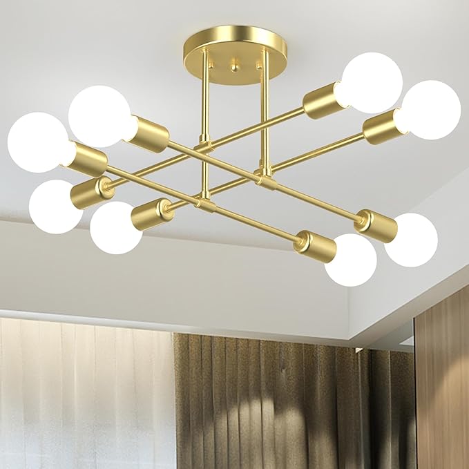 Modern Sputnik Chandelier Ceiling Light Fixtures, 5.9" Ceiling Canopy, 8-Lights Mid Century Industrial Metal Semi Flush Mount for Dining Room, Bedroom, Living Room-Gold