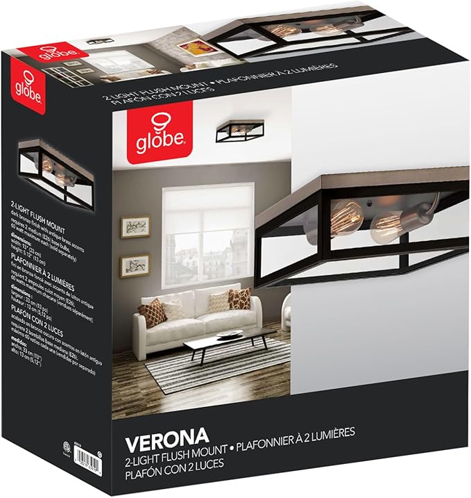 Globe Electric 65919 Verona 2-Light Flush Mount, Dark Bronze, Antique Brass Accents, 5 Clear Glass Panes, Bulb Not Included