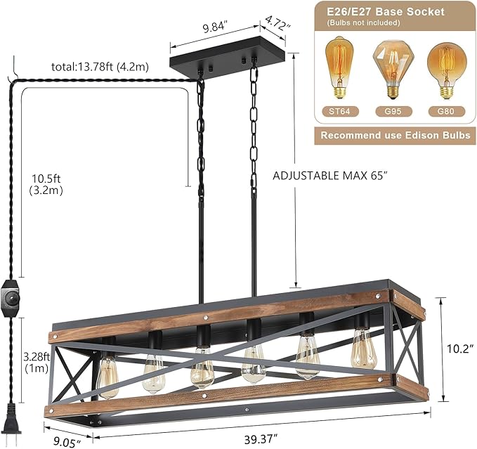 Rustic Farmhouse Plug in Kitchen Island Lighting, 6 Lights Rectangular Pendant Light Fixture with Adjustable Chain, Dimmable Switch, Oak Wood and Metal Linear Chandelier for Dining Room Home, Black