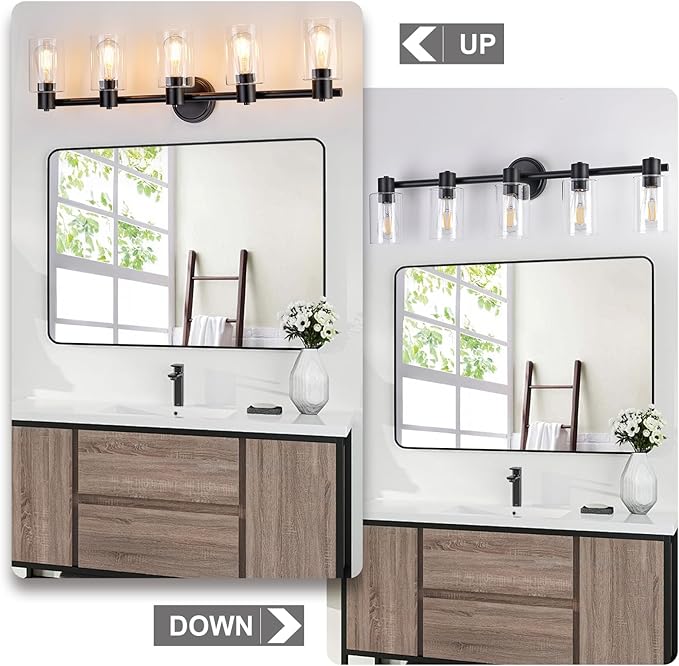 5 Light Bathroom Wall Light Fixtures Black Bathroom Wall Sconce with Clear Glass Lights Over Mirror Vanity Lights E26 Base