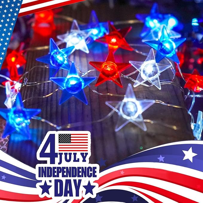 4th of July Decorations, 10ft 30 LED Twinkle Red White and Blue Star String Lights Battery Operated, Patriotic Decorations for Memorial Independence Day Party Golfcart Fourth of July (White Light)