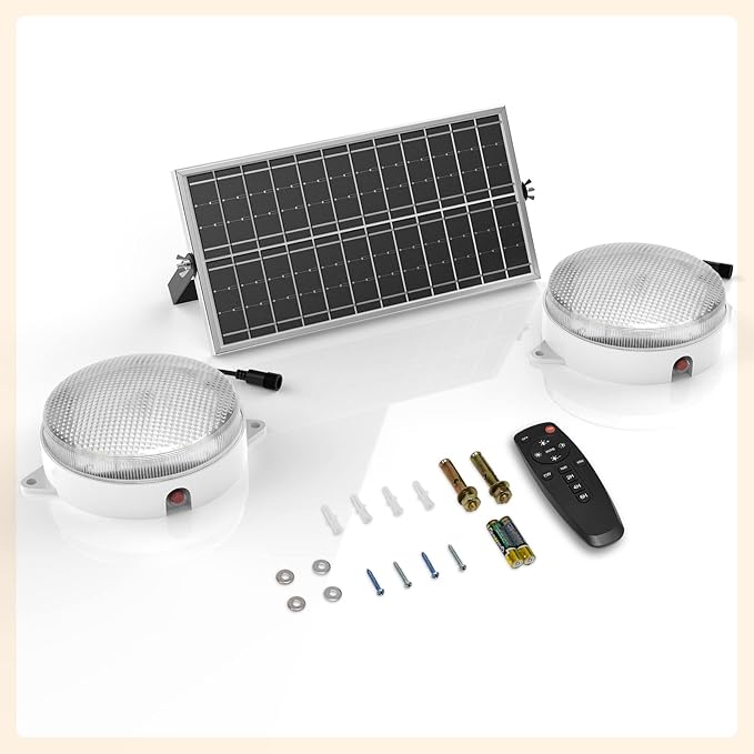 Solar Ceiling Lights 2 Pack, Daytime & Night 3200K/4000K/6000K Dimmable Shed Lights with On/Off Switch & Remote, 120LED*2 Solar Lights Outdoor & Indoor for Home Barn Shop Carpot Chicken Coop
