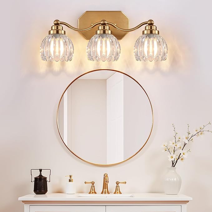 VbiTmn Gold Bathroom Light Fixtures, 3 Light Vintage Vanity Lights, Antique Brass Brushed Gold Finish, Crystal Transparent Glass Shade, Mid Century Wall Sconces for Bedroom, Living Room, Hallway