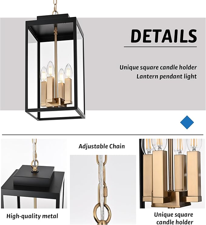 MELUCEE Large Outdoor Lantern Pendant Lights Outdoor Chandelier Black Brass, 4-Light Farmhouse Pendant Light Exterior Ceiling Mount Hanging Lantern with Clear Glass for Porch Entrance Gazebo
