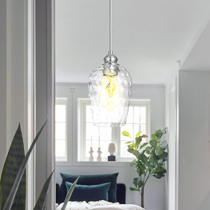 Glass Pendant Lights Kitchen Island, Brushed Nickel Pendant Light Fixtures with Hand-Blown Clear Glass, Modern Hanging Light for Kitchen Sink Dining Room Bedroom, E26