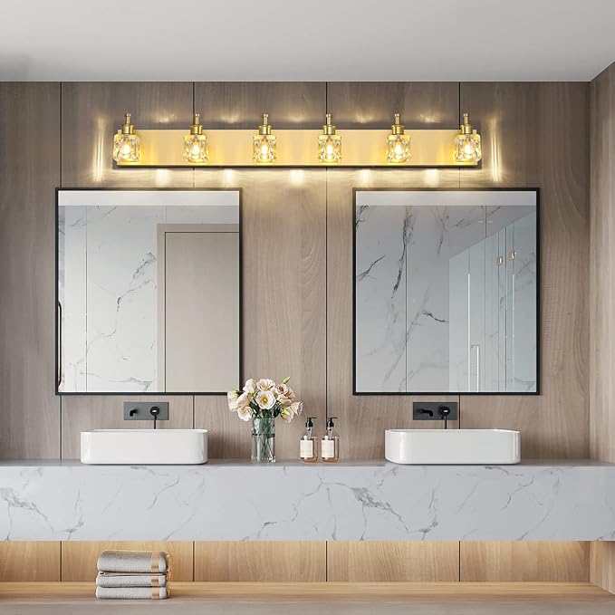 PRESDE 6 Light Bathroom Vanity Light Modern Gold Crystal Bathroom Lighting Fixtures Over Mirror
