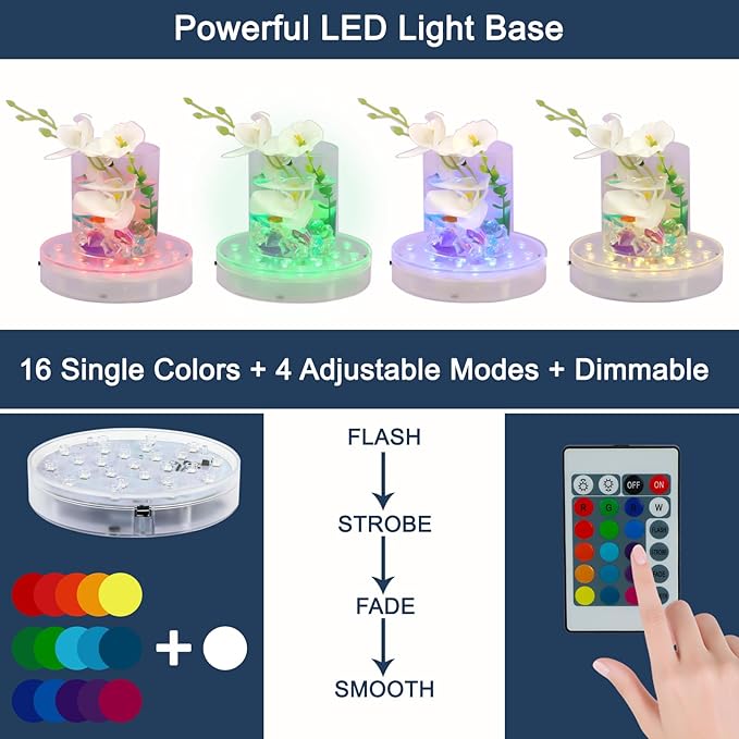 LARDUX Pack of 4 LED Lights Base with Remote - 6-inch Round Lights Display Stand for Effiel Tower Vase Crystal Glass Art LED Pedestal Base - Charging USB or Battery Powered