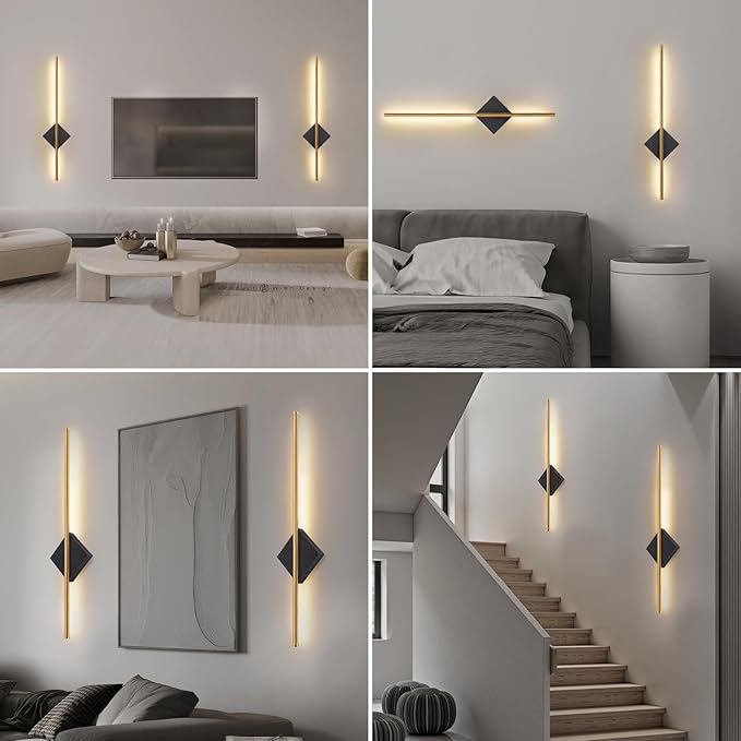 Battery Operated Wall Sconces Set of Two - Wireless Rechargeable Wall Light with Remote - Gold and Black Wall Lamp Dimmable Modern Home Decor for Bedroom Living Room Hallway Timing 31.5 Inch