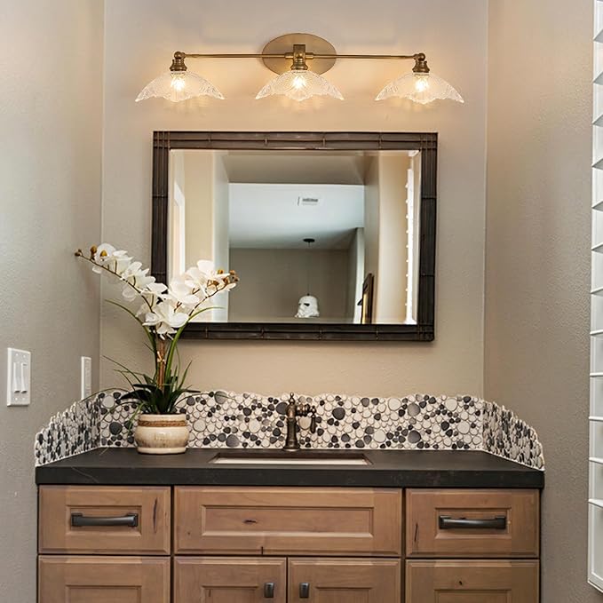 Vintage Bathroom Vanity Light Fixture, 3 Light Bathroom Vanity Light Length 33.85 inches Antique Brass with Crystal Glass Shade Antique Brass Vanity (E12 Bulb, Bulb not Included)