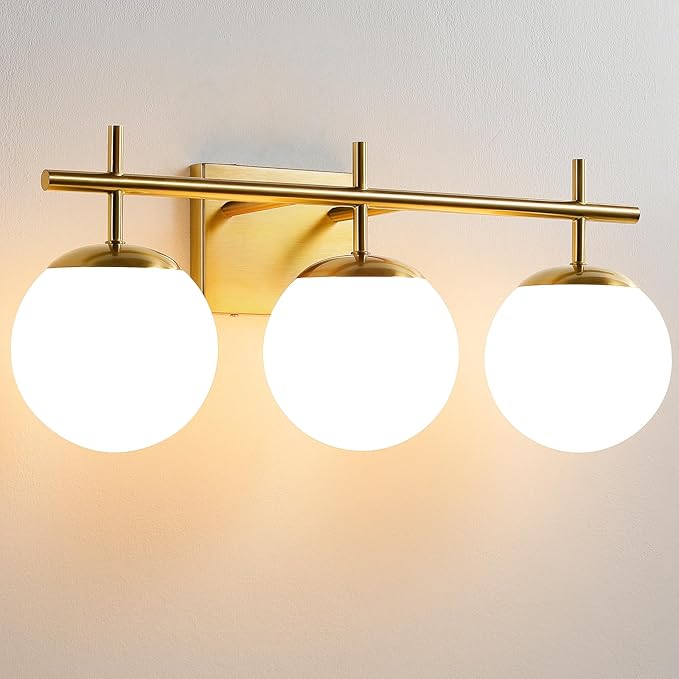 AIJIASI Gold Bathroom Light Fixtures, 3-Light Bathroom Vanity Light Over Mirror, Modern Vanity Lighting Fixtures with Milky White Globe Glass Shade, 22.4 inch Wall Sconce Light (Exclude E26 Bulb)