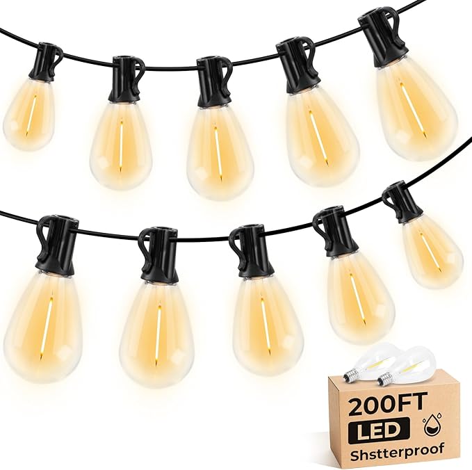 GvvooHome S11 LED Outdoor String Lights 200FT, Shatterproof & Waterproof Patio Lights with 62 Plastic Bulbs for Porch, Deck, Garden, Backyard, Balcony, 2700K Dimmable