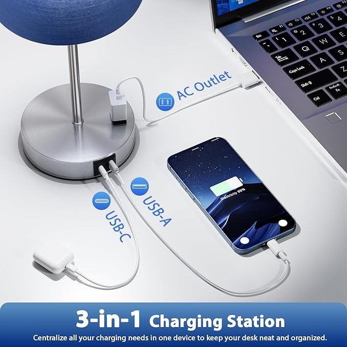 Blue Touch Lamps for Nightstand Set of 2 - Bedside Table Lamp for Bedroom with Dual USB Ports & AC Outlet, 3-Way Dimmable Lamps for Living Room Boys Room, Night Light with 5000K Daylight Bulbs