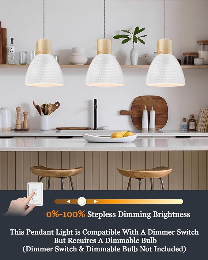 ELYONA Hammered Pendant Lights for Kitchen Island, Solid Wood Hanging Light Fixtures, Industrial Metal Pendant Light Fixtures for Bar, Dining Room, Bedroom, Office, Modern White,Small
