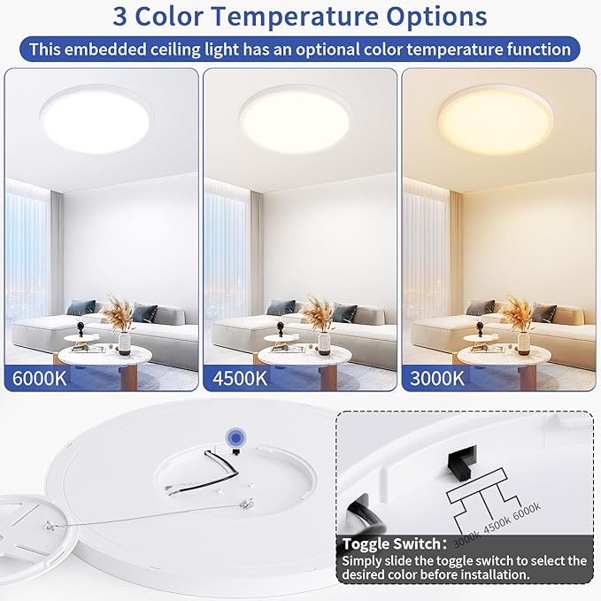 2 Pack Led Ceiling Light Fixture, 16'' 36W Ultra Thin Flush Mount, Dimmable, 3000K-4500K-6000K 3 Color Selectable, for Bedroom, Home Office, Kitchen, Dining Room, Living Room