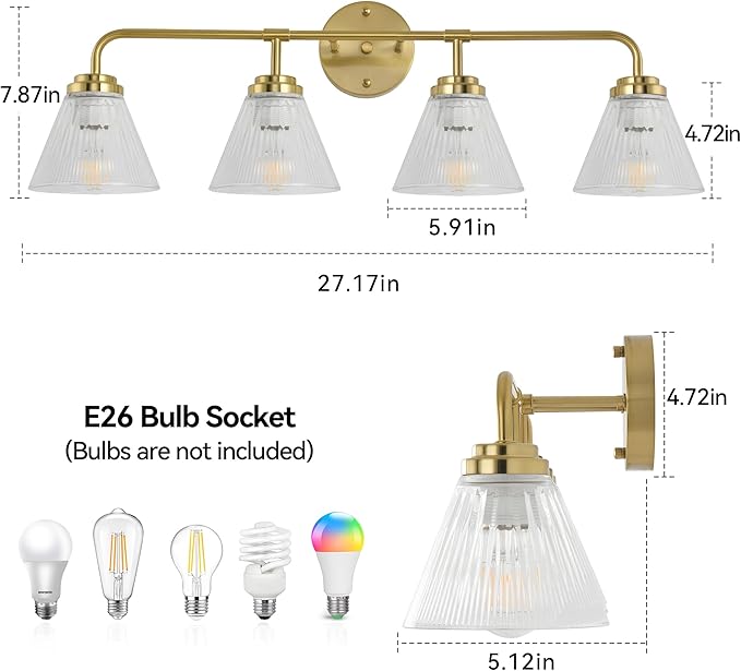Modern Bronze Bathroom Vanity Light, 4-Light Wall Sconce with Clear Ribbed Glass Shades, Farmhouse Industrial Light Fixture for Bathroom, Vanity Mirror, Powder Room, Hallway (bronze, Eletroplate, 4)