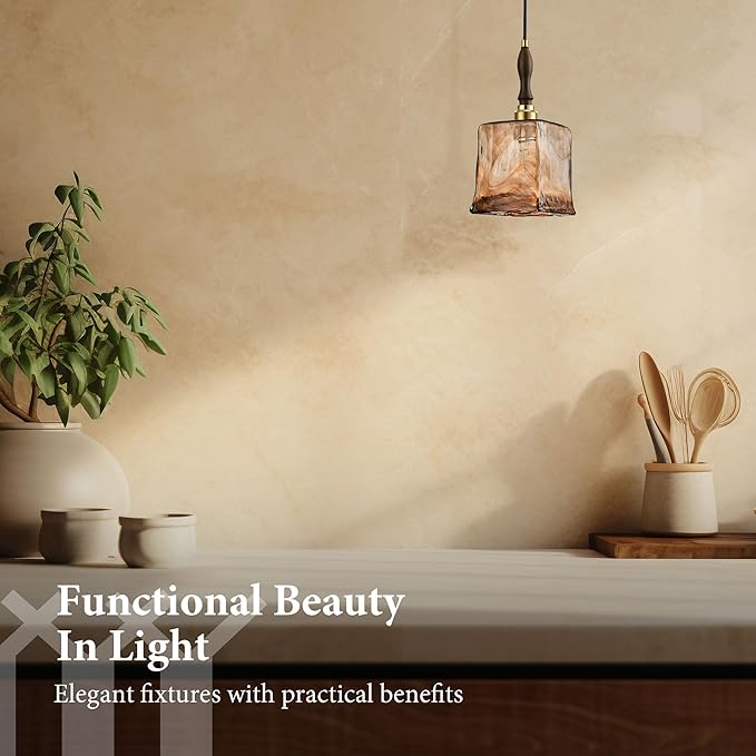 Modern Amber Glass Pendant Light, 5.25"x11.7" Elongated Hanging Fixture with Wood Grip & Brass Accent, 15"-72" Adjustable Line, E26 Socket – Golden Amber Rectangular