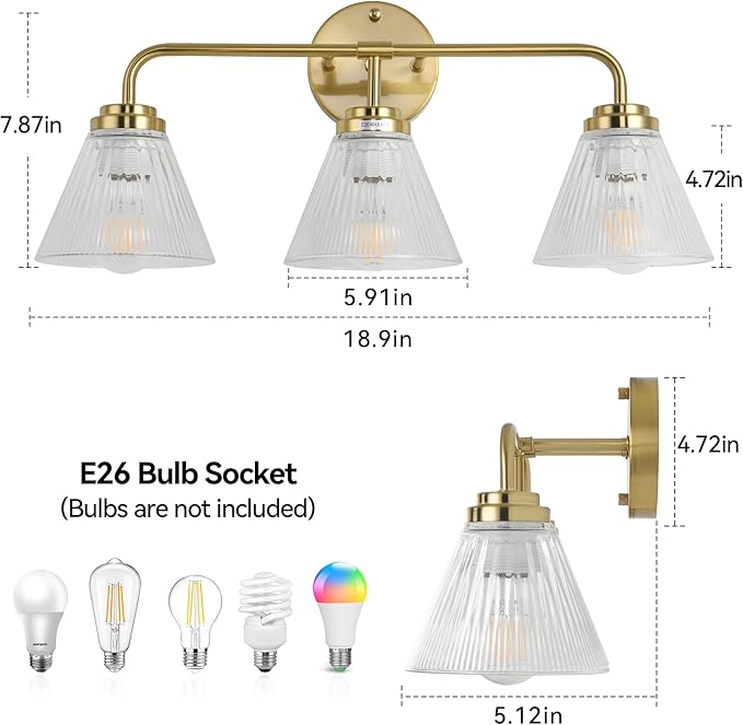 Modern Bronze Bathroom Vanity Light, 3-Light Wall Sconce with Clear Ribbed Glass Shades, Farmhouse Industrial Light Fixture for Bathroom, Vanity Mirror, Powder Room, Hallway (bronze, Eletroplate, 3)