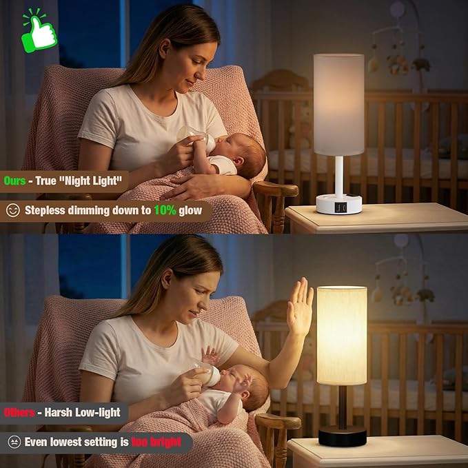 Touch Bedside Table Lamp with Memory - Stepless Dimmable Lamp for Bedroom, Small Nightstand Lamp with Dual USB Charging Ports and AC Outlet, Wood Night Light, Deak Lamp for Nursery (White & White)