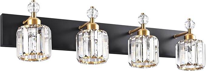 PRESDE 4-Light Crystal Bathroom Vanity Light, Modern Black and Gold Bathroom Lights Fixtures Over Mirror Modern Bath Wall Sconce