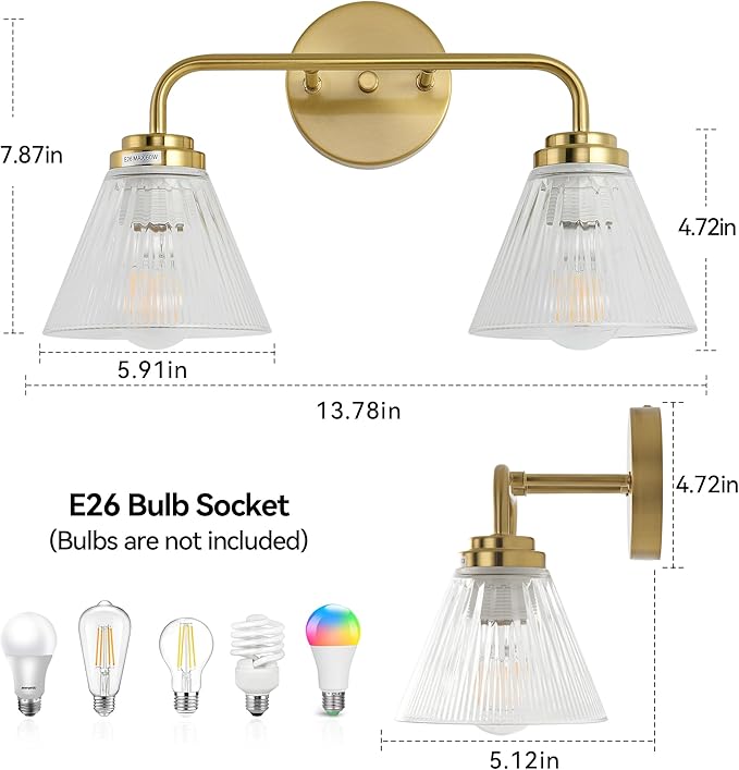 Modern Bronze Bathroom Vanity Light, 2-Light Wall Sconce with Clear Ribbed Glass Shades, Farmhouse Industrial Light Fixture for Bathroom, Vanity Mirror, Powder Room, Hallway (bronze, Eletroplate, 2)