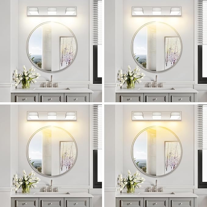 LED Modern Bathroom Vanity Light Fixtures (3-Light, 24-Inch)(5CCT, Dimmable), Chrome Modern Bathroom Wall Lighting Fixtures Over Mirror (3000K/3500K/4000K/5000K/6000K)
