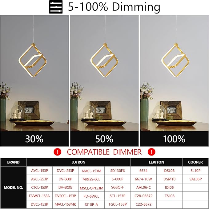 Modern LED Chandelier Gold Rectangular Pendant Light Fixtures 4000K 20W Dimmable Height Adjustable Pendant Lighting for Dining Room Kitchen Island Bedroom Living Room Foyer（3-Pack）