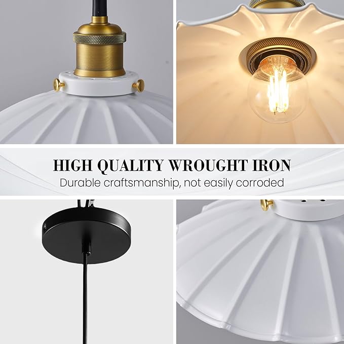 White Pendant Lights, Modern Hanging Lamp with 9.8 Inch Industrial Shade, Farmhouse Pendant Lights Kitchen Island 6.5Ft Adjustable Cord Pendant Light Fixtures 2Pack