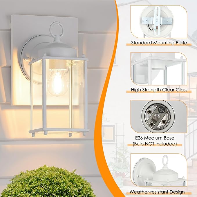 MATAMEYE Large Outdoor Wall Lantern, Exterior Waterproof Wall Sconce Light Fixtures, White Front Door Lighting with Clear Beveled Glass, Anti-Rust E26 Socket Porch Lamp, 2 Pack