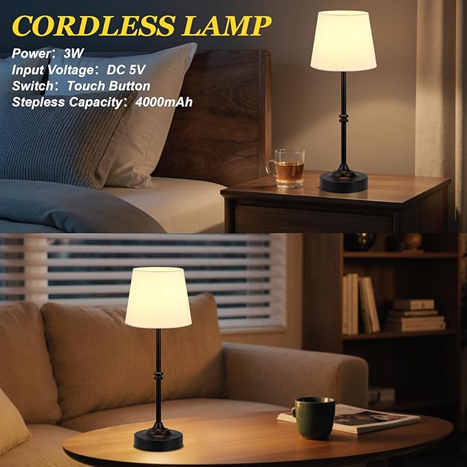 Kakanuo Rechargeable Cordless Table Lamp Black - 1 Pack 4000mAh Battery Operated Lamp, 3000K Warm Light, Touch Control Stepless Dimming, for Bedside, Dining Table, Home Decor